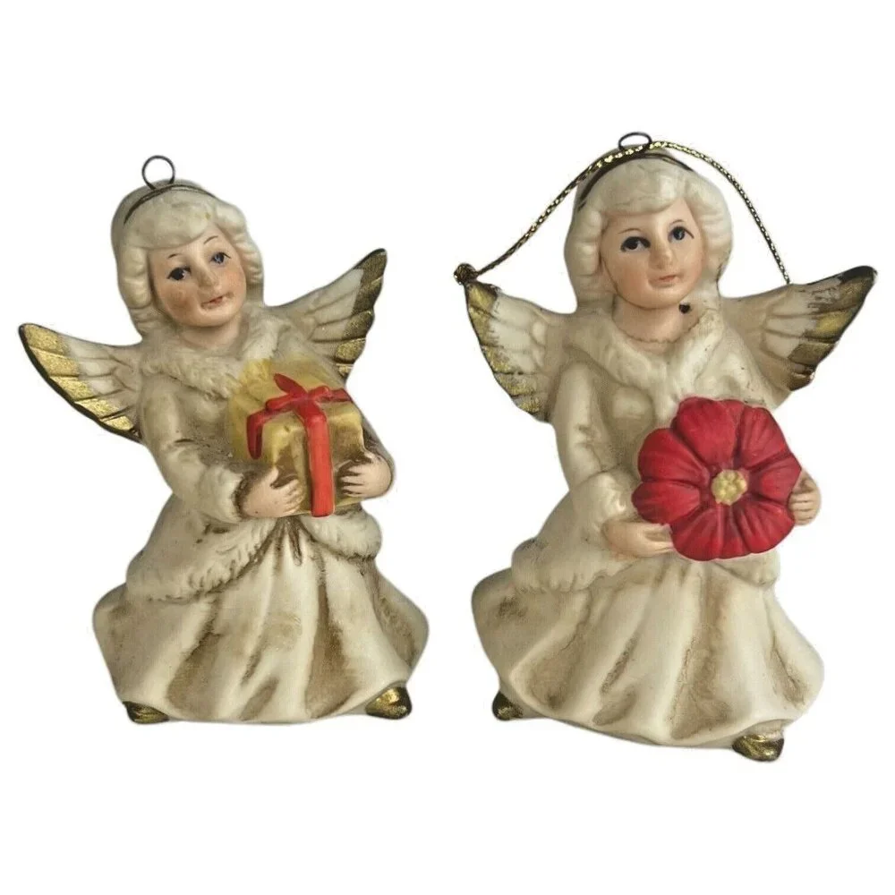 6 Homco Angel Tree Ornaments Complete Set Bisque Porcelain Made in‎ Taiwan VTG